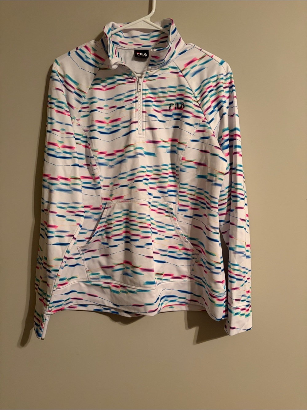 FILA White Swim Rash Guard with Teal Pink and Navy Stripe Pattern